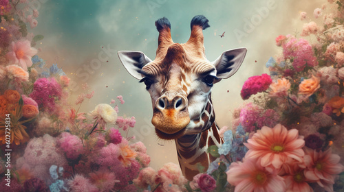Giraffe Surrounded by Beautiful Flowers in a Muted Pastel Aesthetic with Surrealism Elements - Dreamy Background - Generative AI