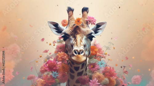 Giraffe Surrounded by Beautiful Flowers in a Muted Pastel Aesthetic with Surrealism Elements - Dreamy Background - Generative AI