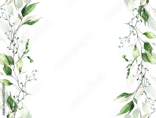 Watercolor painted greenery frame template. Bouquet with green  blue branches and leaves. Seamless border