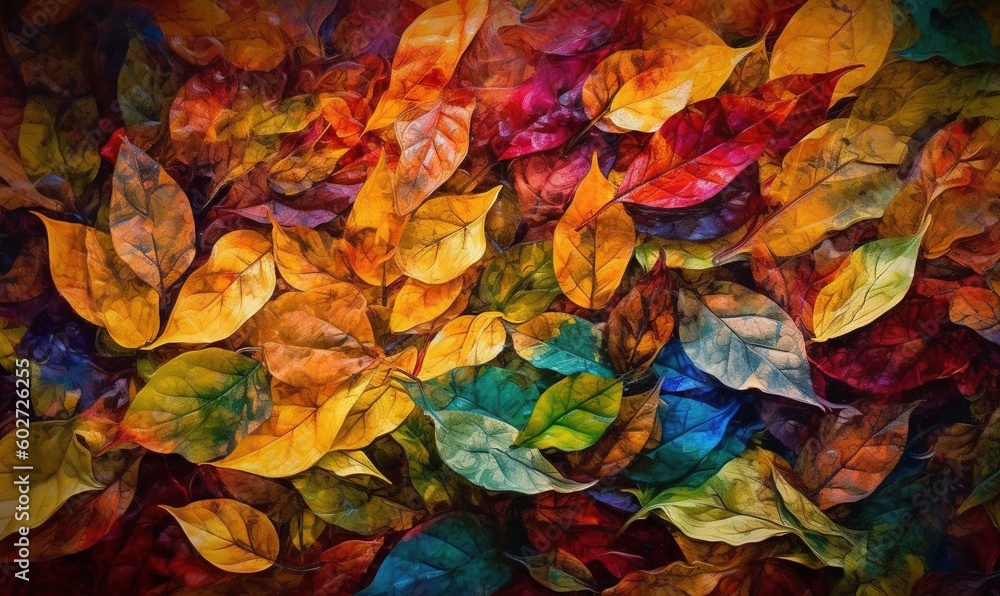 a painting of colorful leaves on a black background with red, yellow, green, and blue colors. generative ai a painting of colorful leaves on a black background with red, yellow, green, and blue colors. generative ai