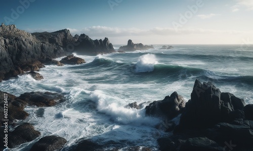  a large body of water surrounded by rocky coastlines and waves.  generative ai