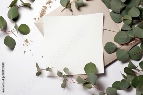 Generative AI illustration of Top view, Blank Wedding or events invitation card mockup in paste colors with natural eucalyptus twigs