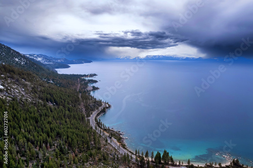 Aerial view of East Lake Tahoe by Incline Village on a cloudy day
