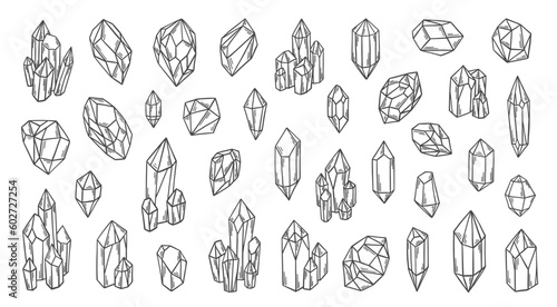 Crystals doodles set. Gemstones, brilliants and crystals. Crystals doodle collection. Gems patch badges set. Crystal, quartz, jewelry precious stones. Rhinestones doodles.