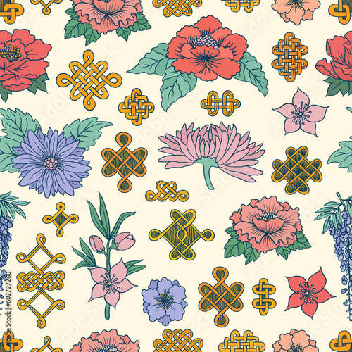 Asian flower doodles pattern. Asia culture nature symbols. Japanese kimono ornament. Lucky knot. Chinese New Year. Sakura, chrysanthemum, peony flowers. Kimono ornament.