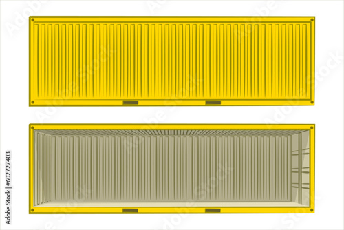 Yellow open and closed metal cargo container. Cargo container for ship isolated on a white background. Delivery, transportation, shipping freight transportation. Vector flat illustration, side view.