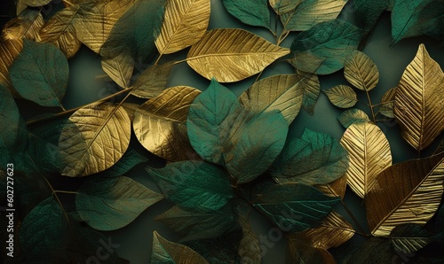  a bunch of green leaves with gold leaves on them on a green background.  generative ai