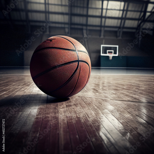 Uma bola de basquete no meio de uma quadra de basquete vazia IA generativa