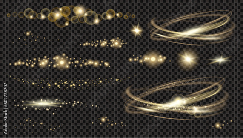 Vector circle light effect with sparkles and  horizontal les flares pack. Golden light flares and laser beams on dark background. Abstract sparkling lines and stars