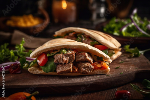 Appetizing kebab in pita bread with vegetables and herbs. Generative AI.