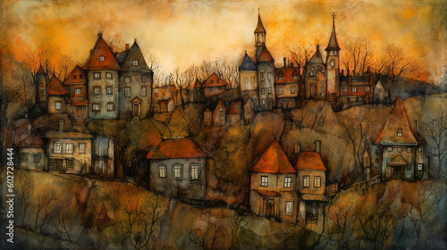 A painting of a town with a sky background. Old painting style. Illustration for a children's book.