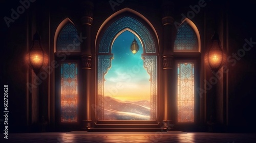 Mosques windows  islamic congratulation card. Aid  Ramadan  Curban celebration banner with place fot text. AI generated