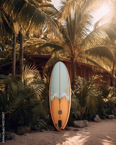  Futuristic surfboard on a beautiful and tropical beach, near a cosy beach shack, noon mood, palm trees, tropical plants. AI generated