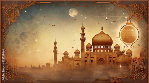  Mosque, islamic congratulation card. Aid, Ramadan, Curban celebration banner with place fot text. AI generated photo
