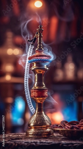 Hookah on the table, on bar, restaurant background with ai generation