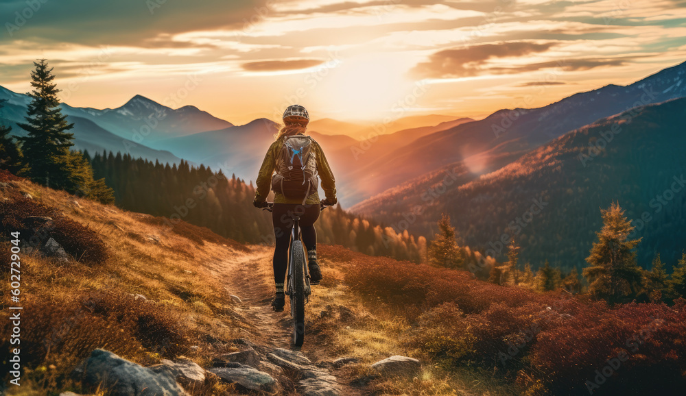Woman riding a mountain bike, the Thrilling Adventure of Riding a Mountain Bike through Breathtaking Trails at sunset BTT AI Generative