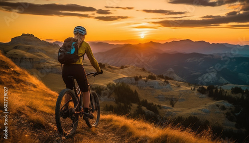 Woman riding a mountain bike, the Thrilling Adventure of Riding a Mountain Bike through Breathtaking Trails at sunset BTT AI Generative