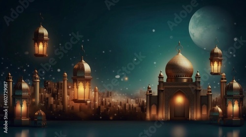 Lantern shape on older city background, islamic congratulation card. Aid, Ramadan, Curban celebration banner with place fot text. AI generated
