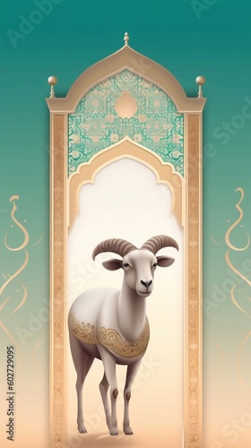 Eid Al Adha Poster Concept with Goat and Mosque Background. AI generated © tanchy25