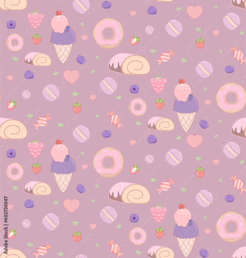 Cute seamless pattern with sweet ice cream elements, candies, hearts, cakes, berries