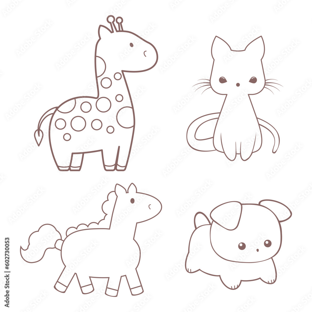 Set of cute children's stylized line drawn animals, cat, dog, giraffe and horse Set of cute children's stylized line drawn animals, cat, dog, giraffe and horse