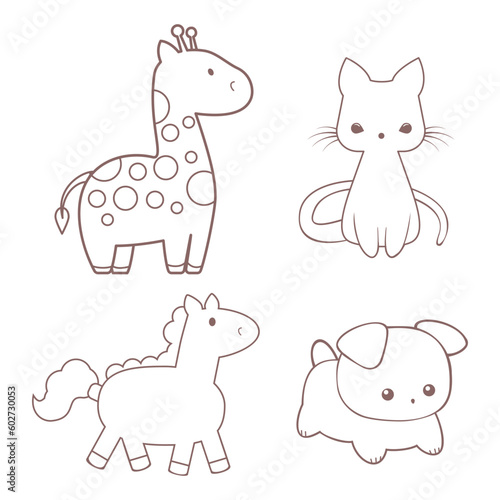 Set of cute children's stylized line drawn animals, cat, dog, giraffe and horse