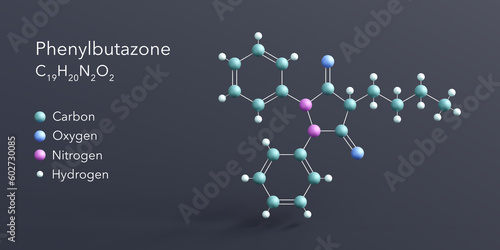 phenylbutazone molecule 3d rendering, flat molecular structure with chemical formula and atoms color coding