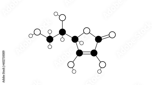 ascorbic acid molecule, structural chemical formula, ball-and-stick model, isolated image vitamin c