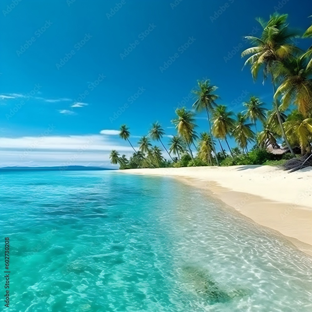 Fototapeta premium Panoramic View of Tropical Island with Palm Trees and Beach. Generative AI