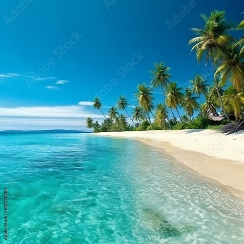 Panoramic View of Tropical Island with Palm Trees and Beach. Generative AI © Artimas 