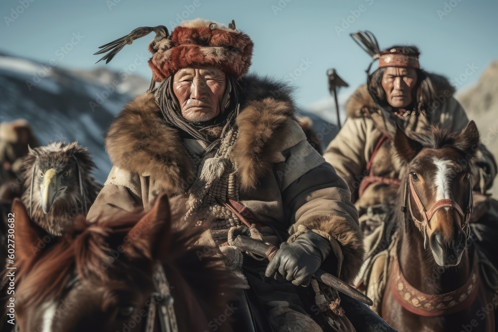 a group of huntsman Traditional Mongolian eagle hunters. Generative Ai a group of huntsman Traditional Mongolian eagle hunters. Generative Ai