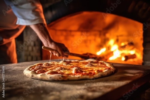 pizza in the oven,  Close-up of chefs cooking pizza in front of the traditional oven with Ai Generated.