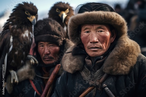 person in front of people group of traditional Mongolian eagle hunter. Generative Ai 