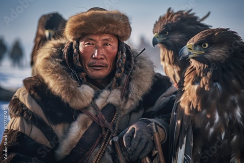 portrait of a person with a beard traditional Mongolian eagle hunter. Generative Ai 