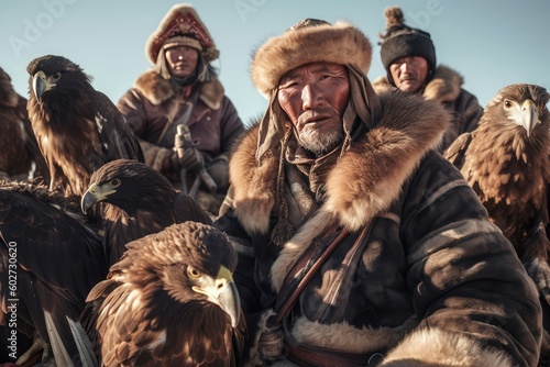 group of people in the woods and an eagle hunter traditional Mongolian eagle hunter. Generative Ai 