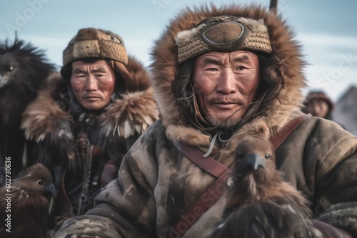portrait of a couple hunters in winter clothes traditional Mongolian eagle hunter. Generative Ai 