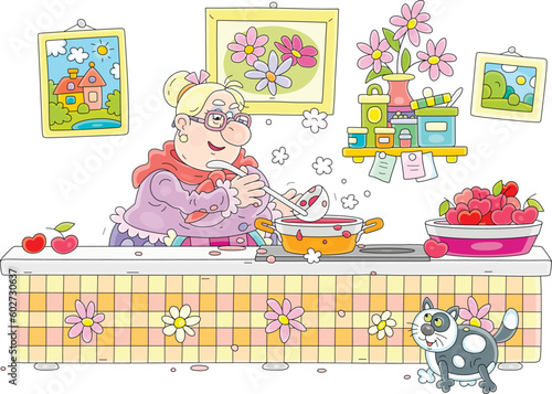 Funny granny and her merry cat cooking sweet cherry jam in a cozy kitchen decorated with pictures and flowers from a summer village garden, vector cartoon illustration on a white background