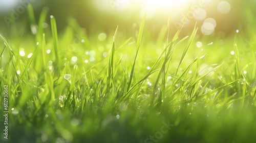 A vibrant backdrop of fresh, verdant grass bathed in sunlight, beautifully punctuated by captivating bokeh effects. A testament to the charm of spring and summer seasons