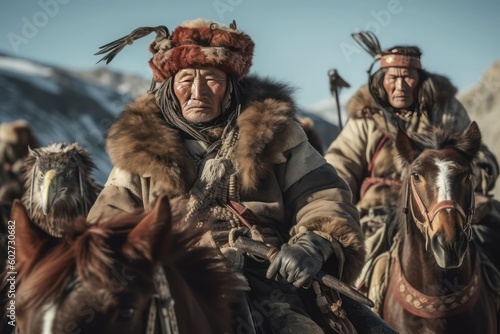 a group of huntsman Traditional Mongolian eagle hunters. Generative Ai 