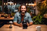 Photographer smiling and drinking coffee in the cafe with Ai Generated