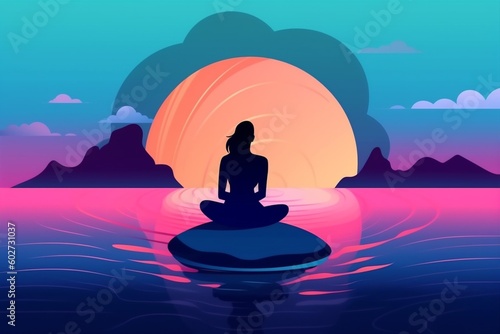 woman sea meditation relaxation beautiful back exercise lotus yoga person ocean. Generative AI.