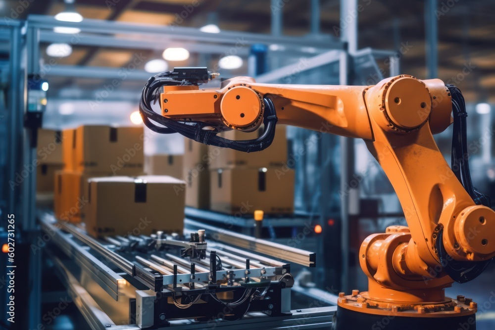 Working robots pack transport boxes in new warehouses with Ai Generated