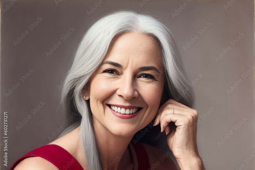 Digital portrait of a beautiful mature woman with long grey hair. Concept of active age. Generative AI