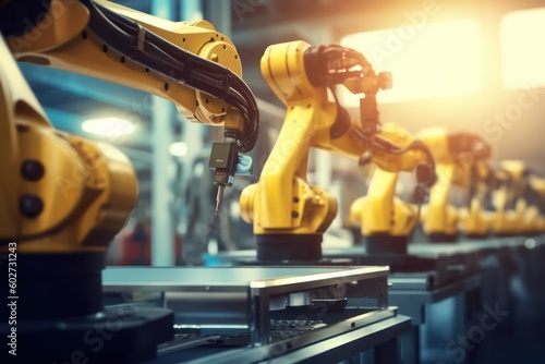 The robotic arm in the futuristic assembly manufacturing factory with Ai Generated