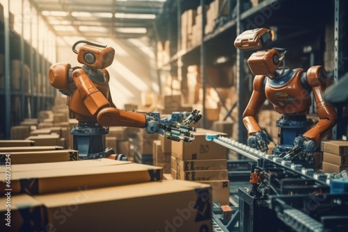 logistics future robot working in the box warehouse with Ai Generated