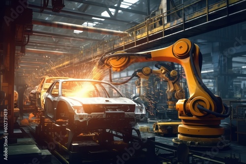 Mechanical arm welder car structure on the production line in the factory with Ai Generated.
