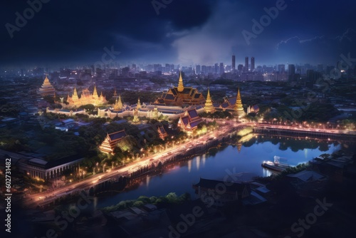 The river and Thai Temple night view with Ai Generated © EmmaStock