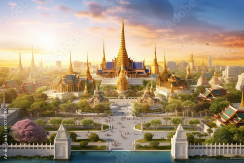 Beautiful Wat Phra Kaew cityscape of Bangkok, Thailand with Ai Generated