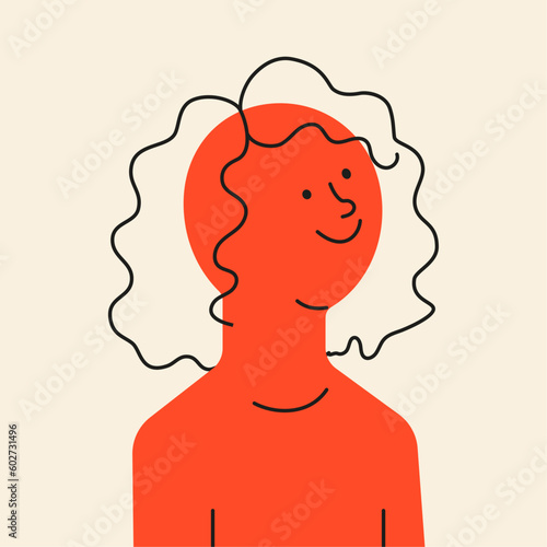 Young woman silhouetted in red with black outline. Flat style. Vector illustration.