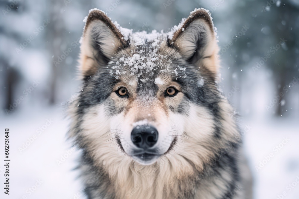 Obraz premium Portrait of gray wolf looking at camera in the snow with Ai Generated